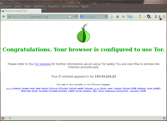 Tor em uso Iceweasel|Firefox.